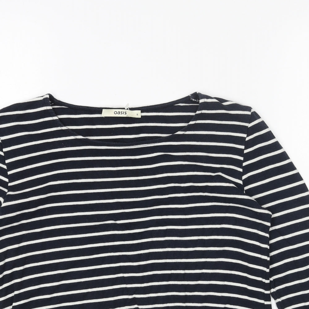 Oasis Womens Blue Striped Cotton Basic Blouse Size S Boat Neck - Crochet Detail