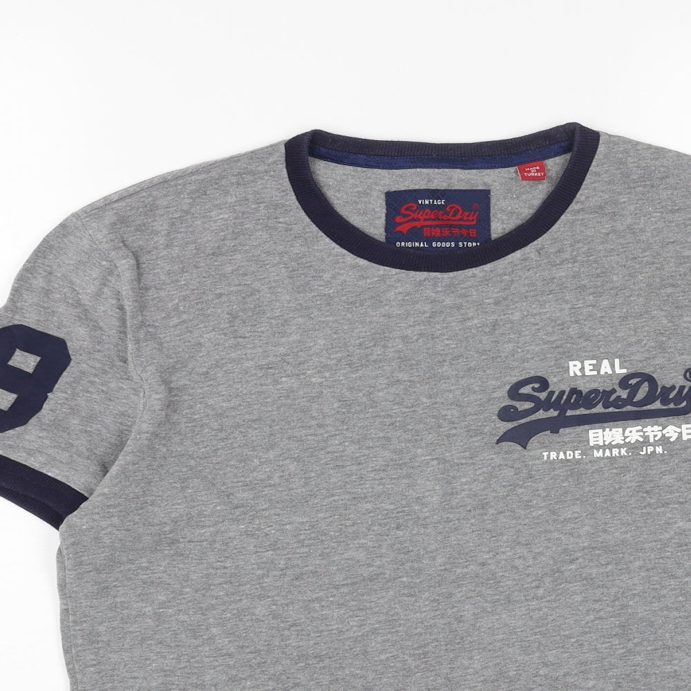 Superdry Mens Grey Cotton T-Shirt Size M Round Neck