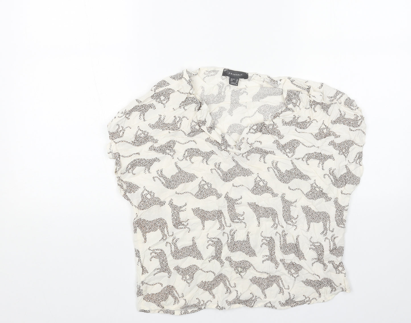 Primark Womens White Geometric Viscose Cropped Blouse Size 10 Cowl Neck - Cheetah