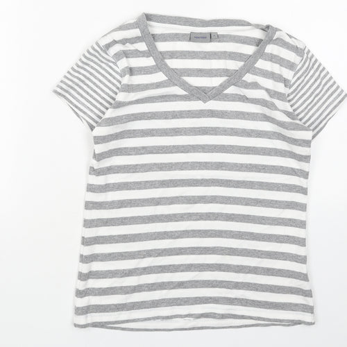 Montego Bay Club Womens Grey Striped Cotton Basic T-Shirt Size S V-Neck