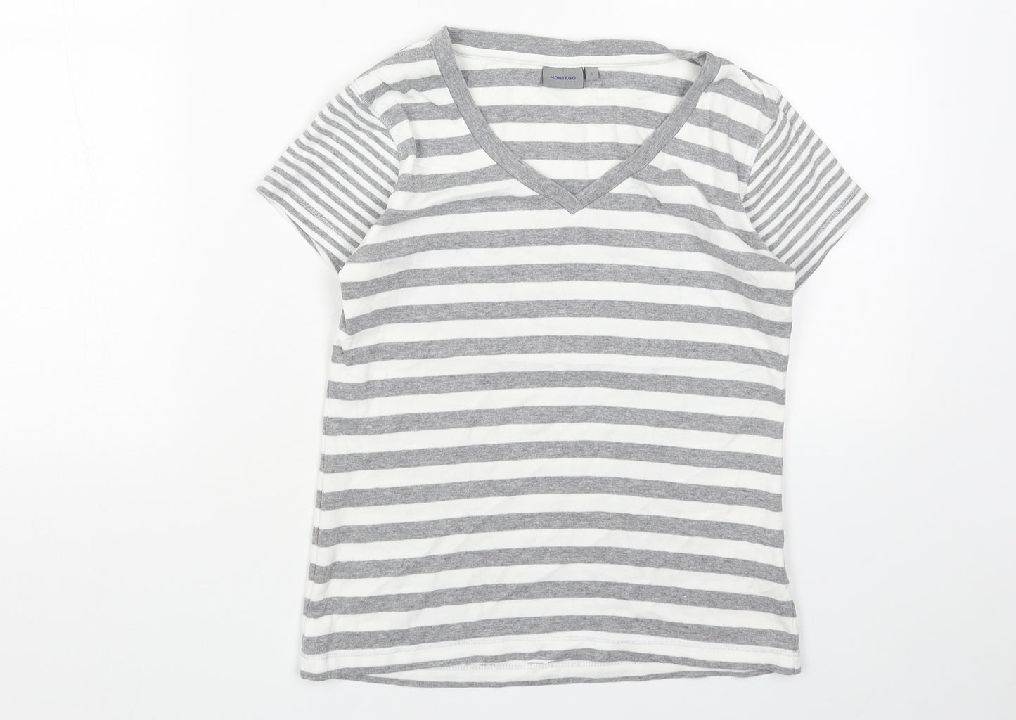 Montego Bay Club Womens Grey Striped Cotton Basic T-Shirt Size S V-Neck
