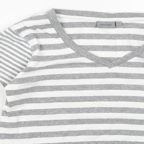 Montego Bay Club Womens Grey Striped Cotton Basic T-Shirt Size S V-Neck