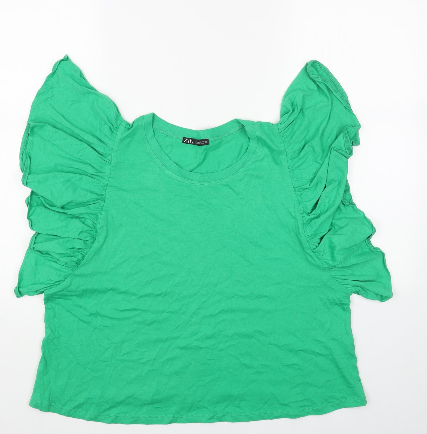Zara Womens Green Cotton Basic T-Shirt Size L Scoop Neck