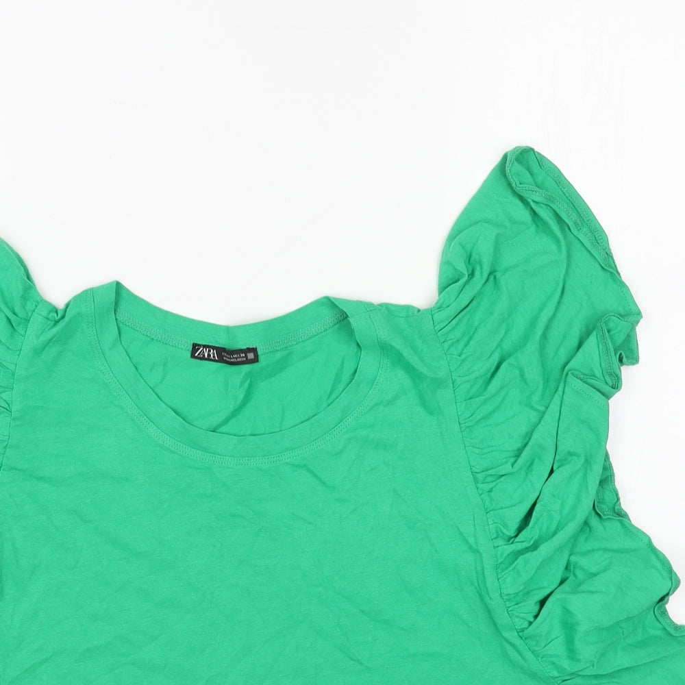 Zara Womens Green Cotton Basic T-Shirt Size L Scoop Neck