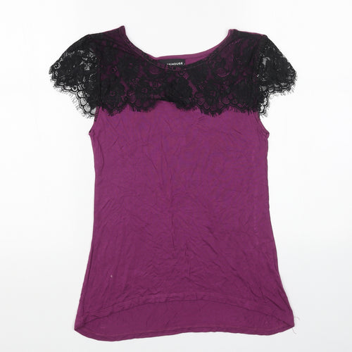 Warehouse Womens Purple Cotton Basic T-Shirt Size 10 Boat Neck - Lace Detail