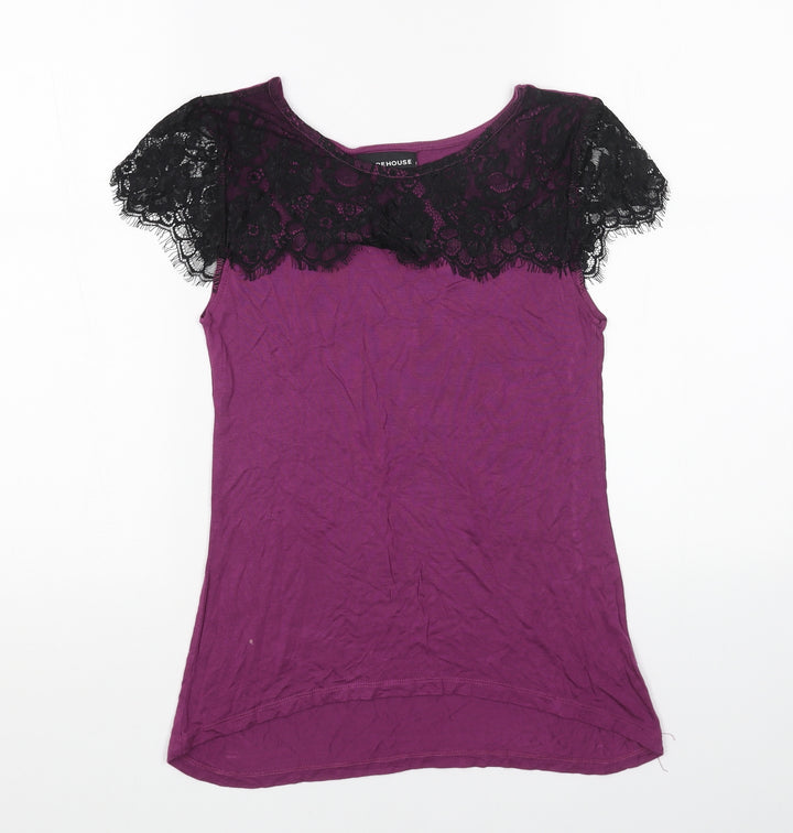 Warehouse Womens Purple Cotton Basic T-Shirt Size 10 Boat Neck - Lace Detail