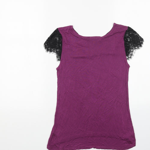 Warehouse Womens Purple Cotton Basic T-Shirt Size 10 Boat Neck - Lace Detail
