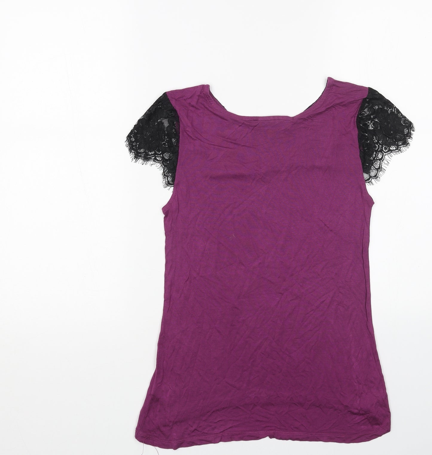 Warehouse Womens Purple Cotton Basic T-Shirt Size 10 Boat Neck - Lace Detail
