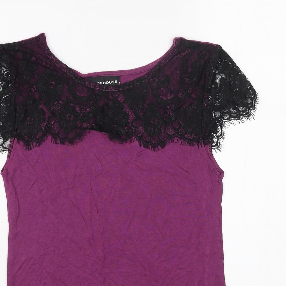 Warehouse Womens Purple Cotton Basic T-Shirt Size 10 Boat Neck - Lace Detail