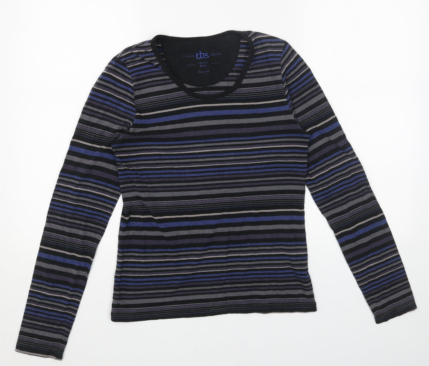 TBS Womens Blue Striped Cotton Basic Blouse Size 10 Scoop Neck