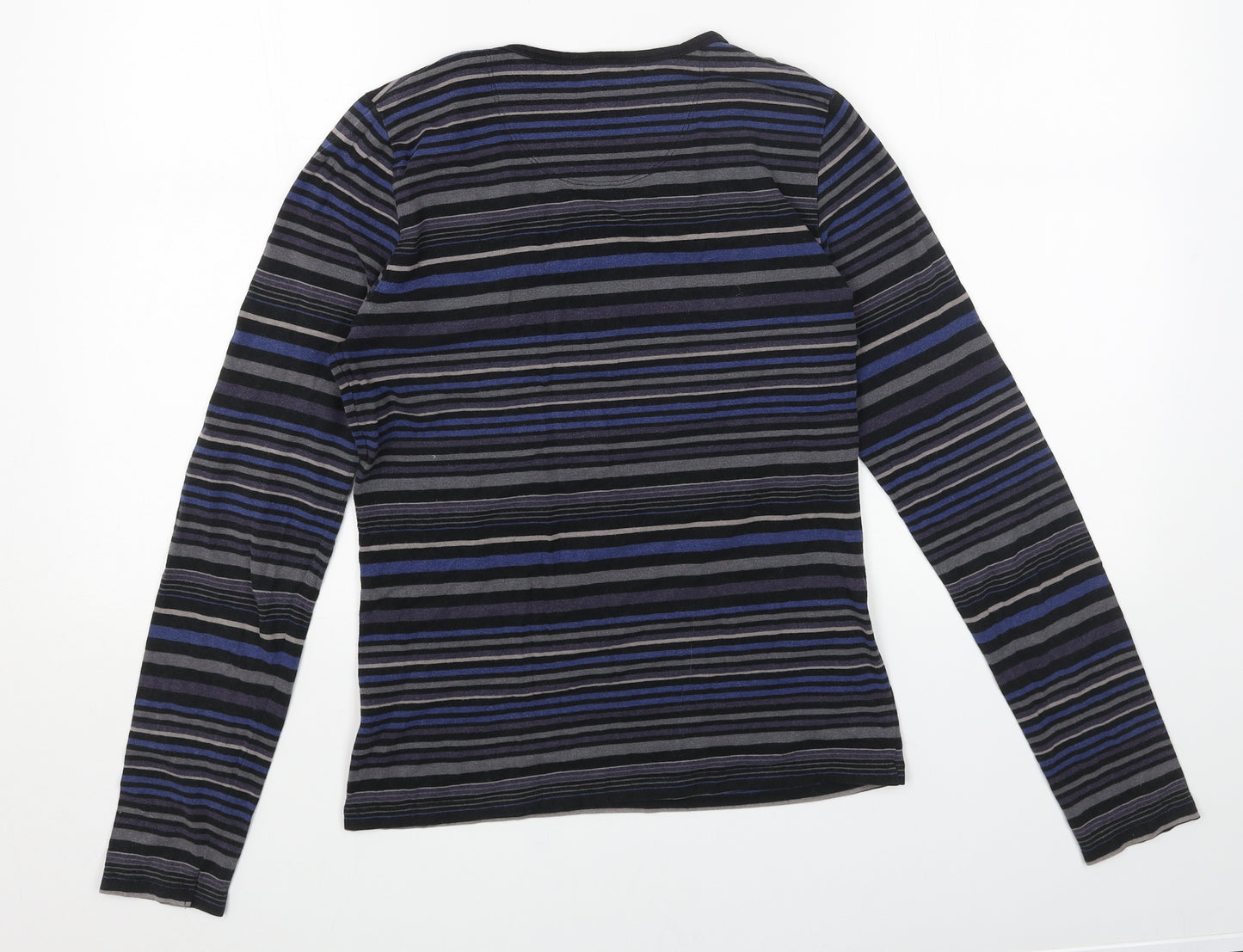 TBS Womens Blue Striped Cotton Basic Blouse Size 10 Scoop Neck