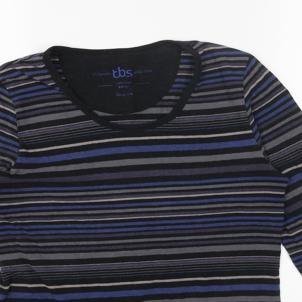 TBS Womens Blue Striped Cotton Basic Blouse Size 10 Scoop Neck