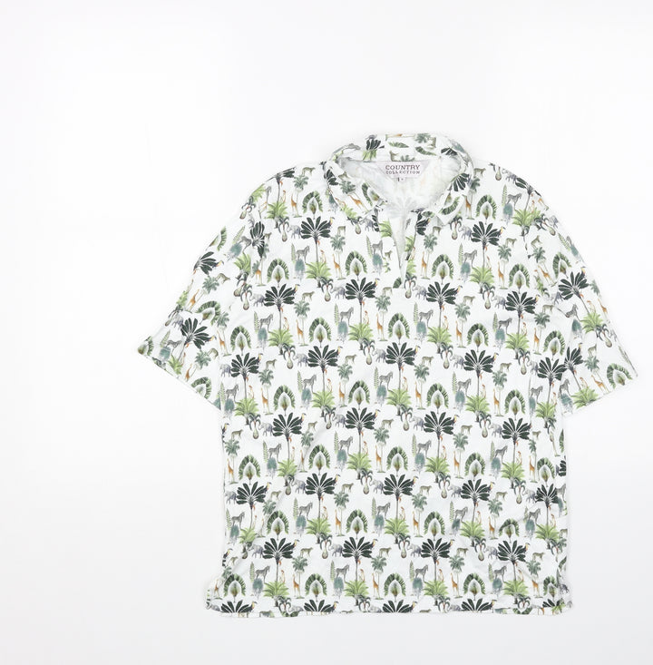 Country Club Womens White Geometric Cotton Basic Polo Size S Collared - Safari Animals