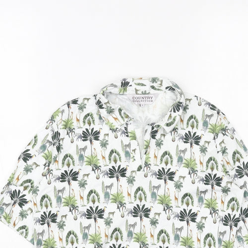 Country Club Womens White Geometric Cotton Basic Polo Size S Collared - Safari Animals