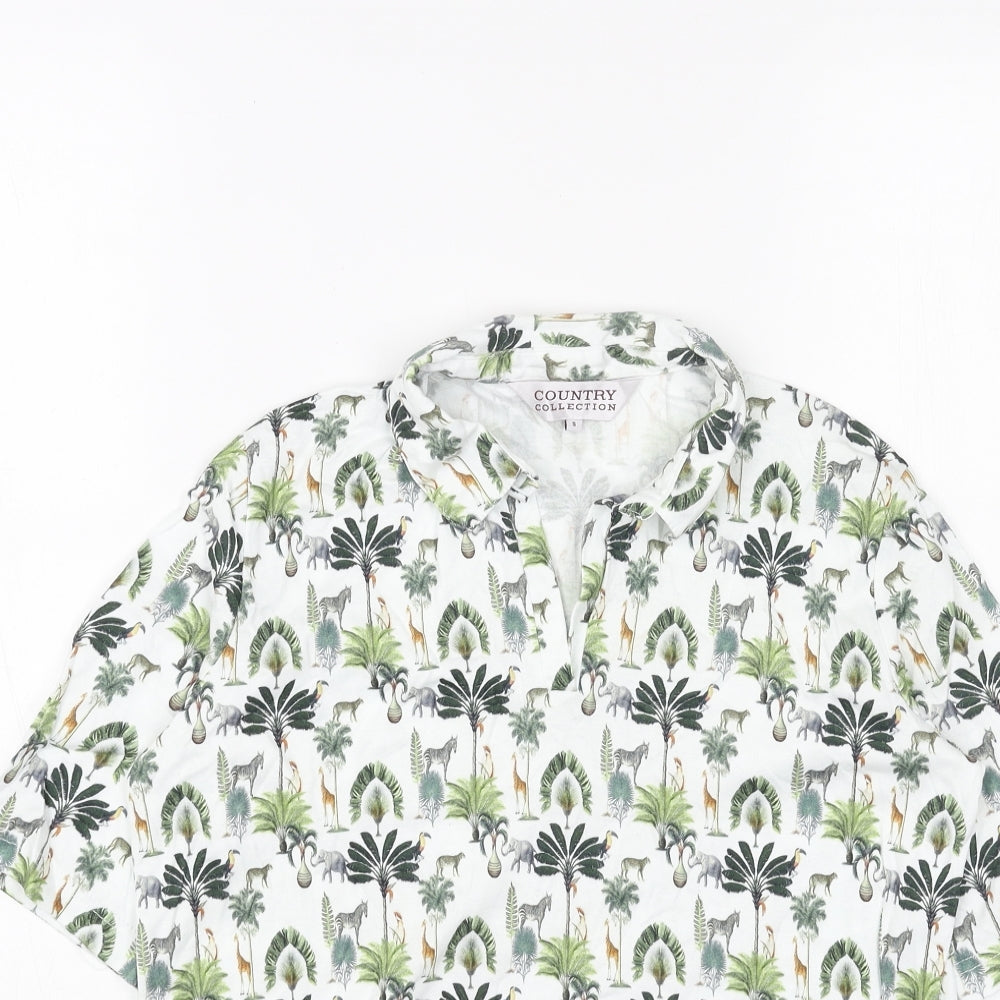 Country Club Womens White Geometric Cotton Basic Polo Size S Collared - Safari Animals