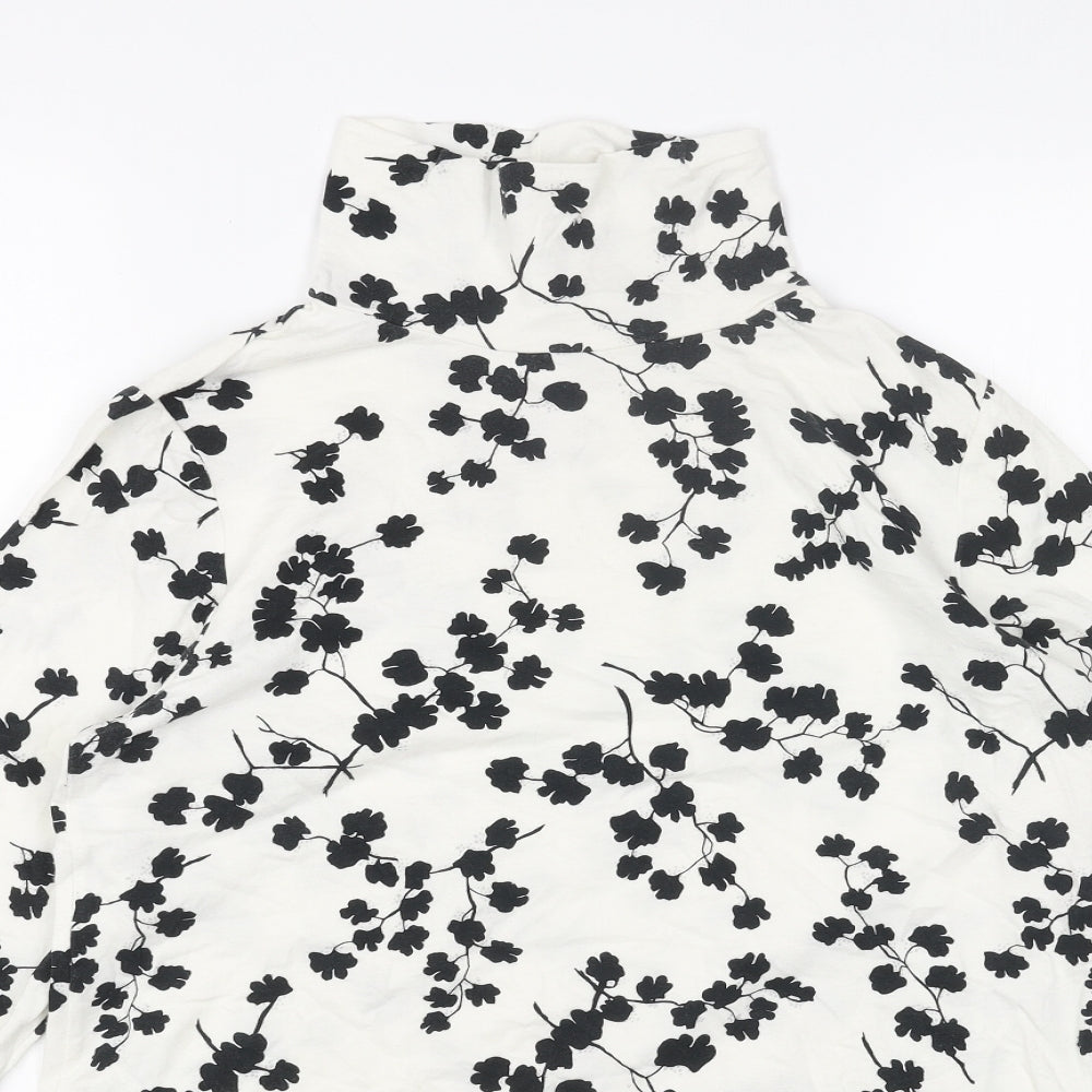 Lands' End Womens White Floral Cotton Basic Blouse Size S High Neck