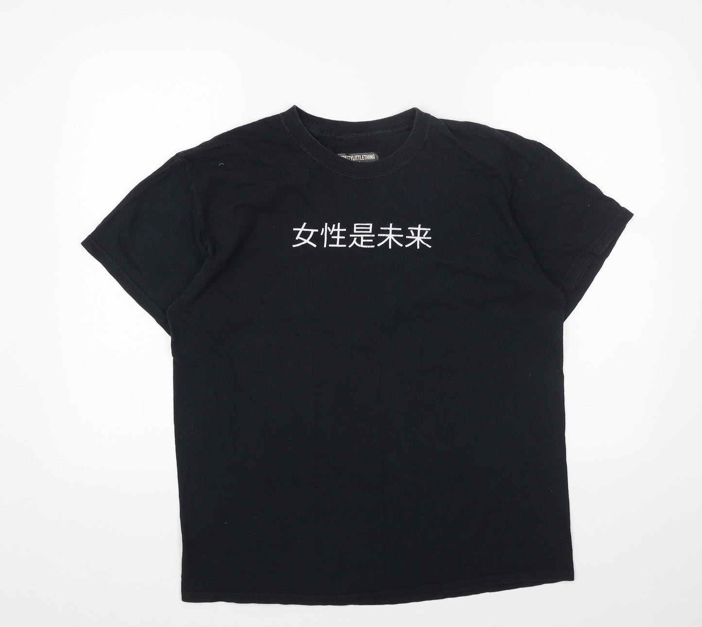 PRETTYLITTLETHING Womens Black Cotton Basic T-Shirt Size M Round Neck - Chinese Symbols