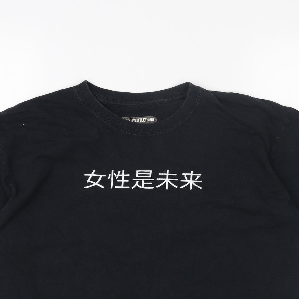 PRETTYLITTLETHING Womens Black Cotton Basic T-Shirt Size M Round Neck - Chinese Symbols