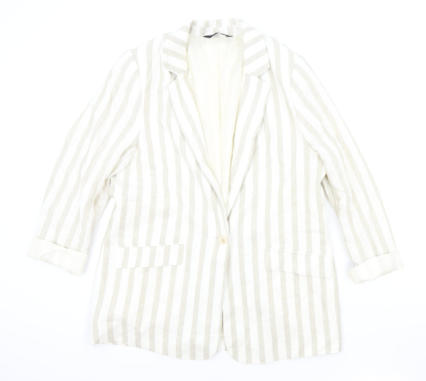 F&F Womens Beige Striped Jacket Blazer Size 16 Button