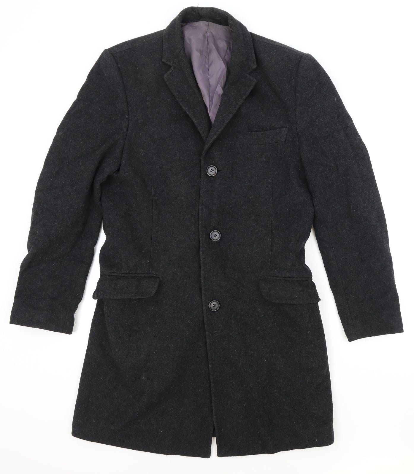 Moss Mens Black Overcoat Coat Size 36 Button