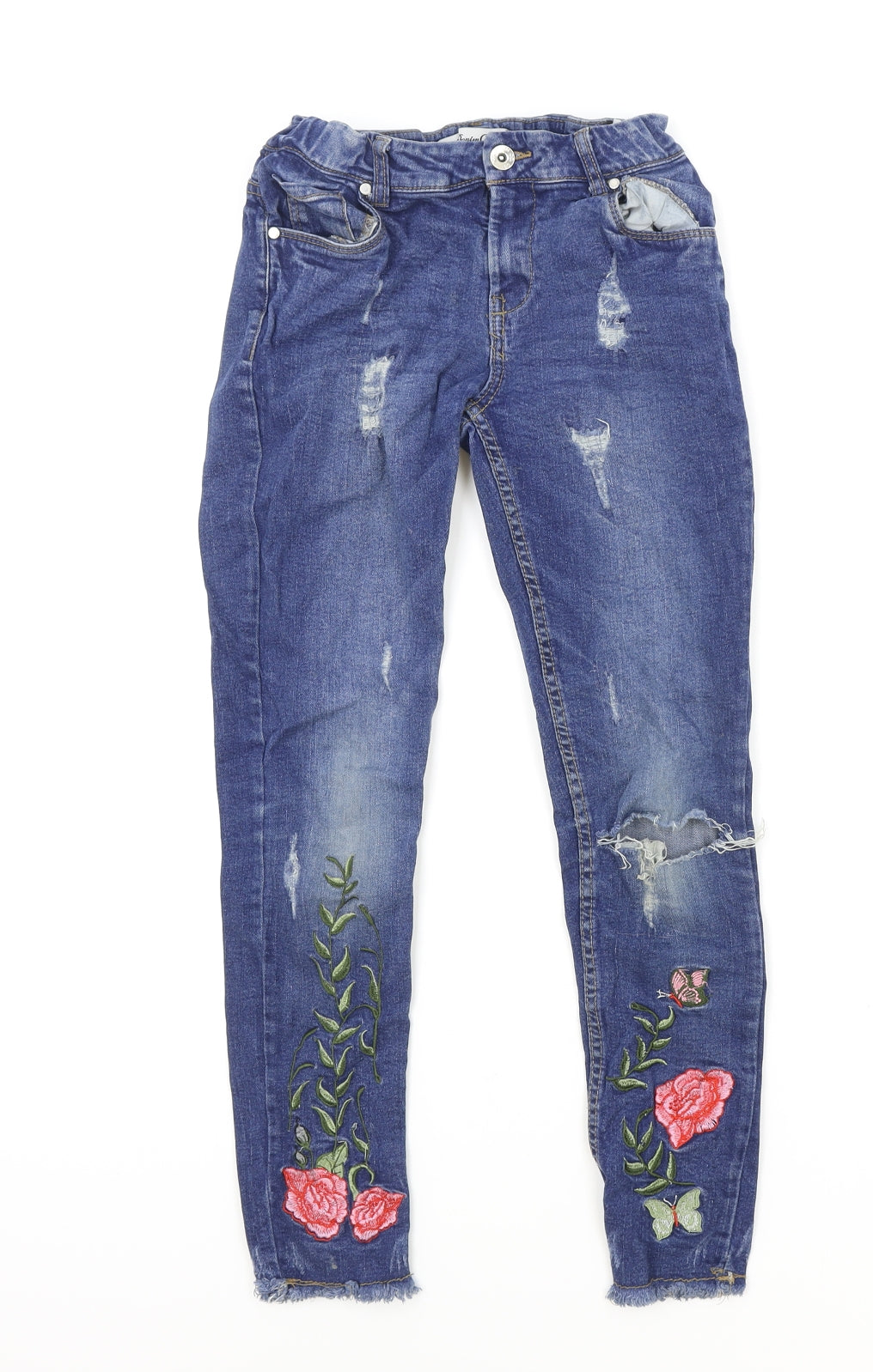 Primark Girls Blue Cotton Skinny Jeans Size 11-12 Years Regular Button - Floral Detail Distressed