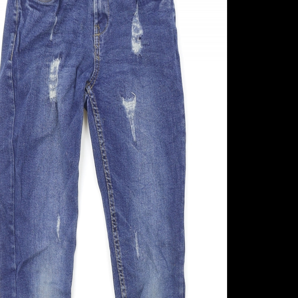 Primark Girls Blue Cotton Skinny Jeans Size 11-12 Years Regular Button - Floral Detail Distressed