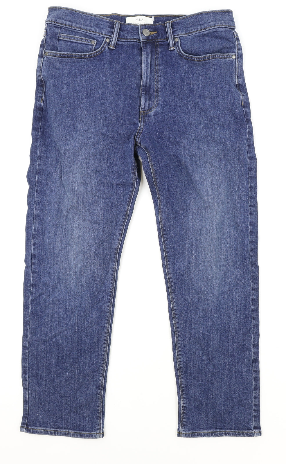 Marks and Spencer Mens Blue Cotton Straight Jeans Size 32 in Regular Zip