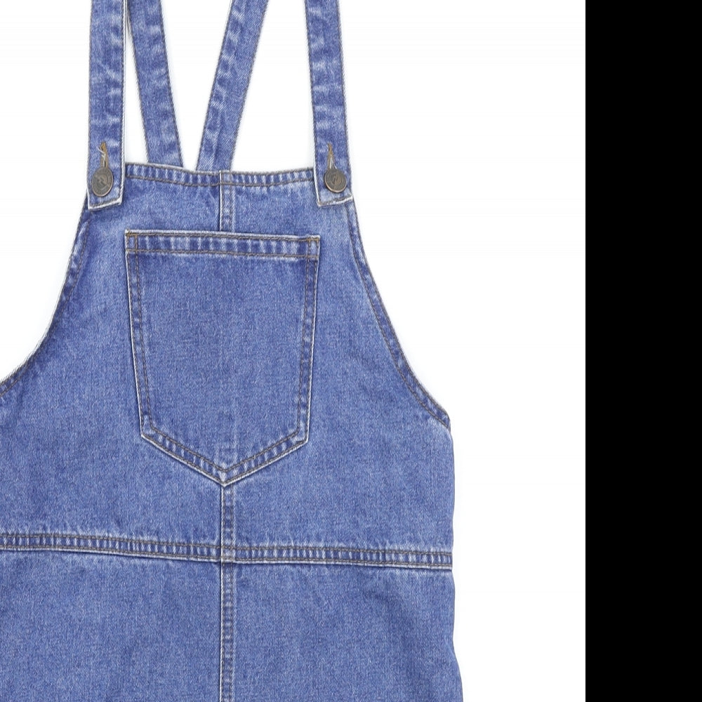 New Look Womens Blue Cotton Pinafore/Dungaree Dress Size 8 Square Neck Button