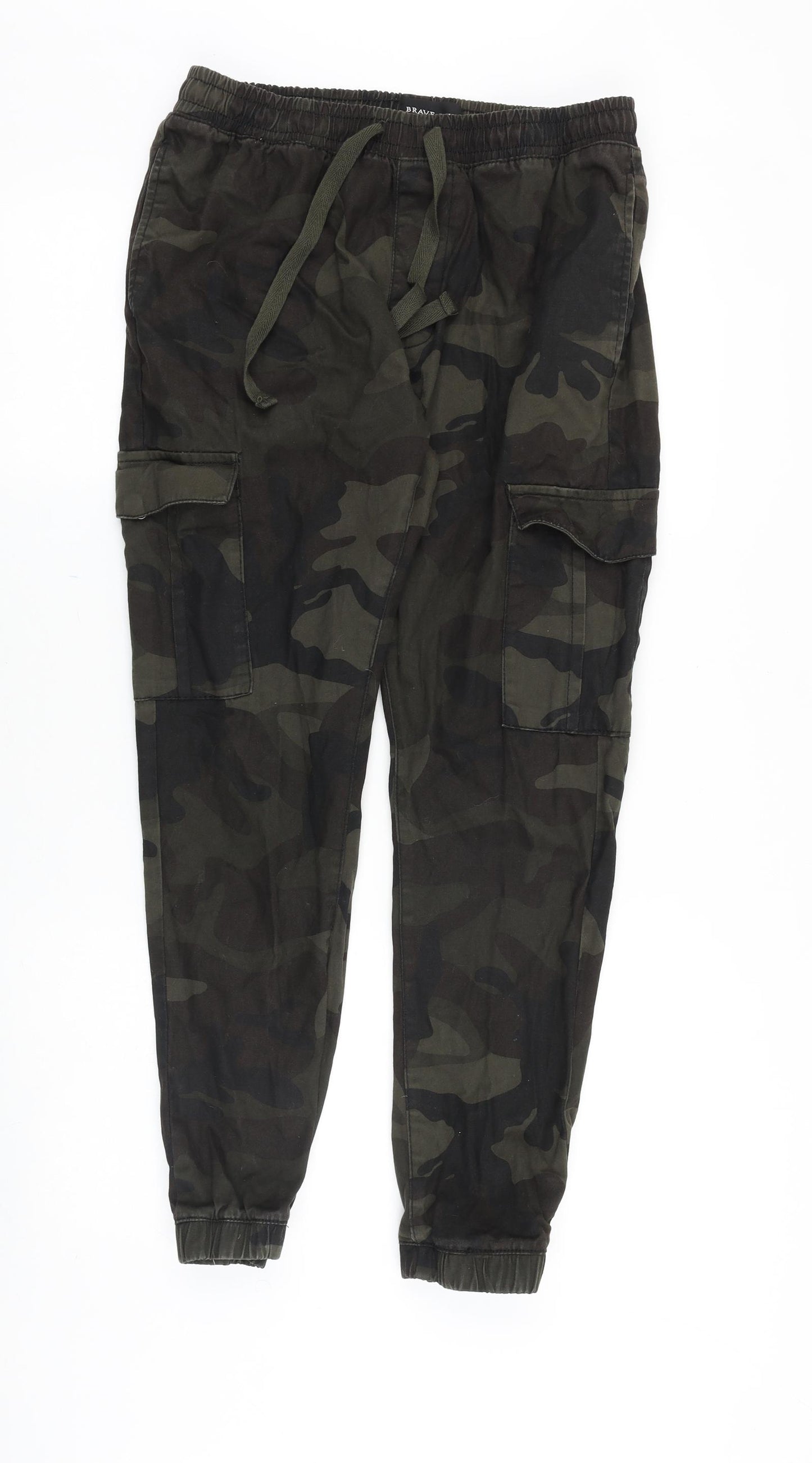 Brave Soul Mens Green Camouflage Cotton Cargo Trousers Size 30 in Regular Drawstring