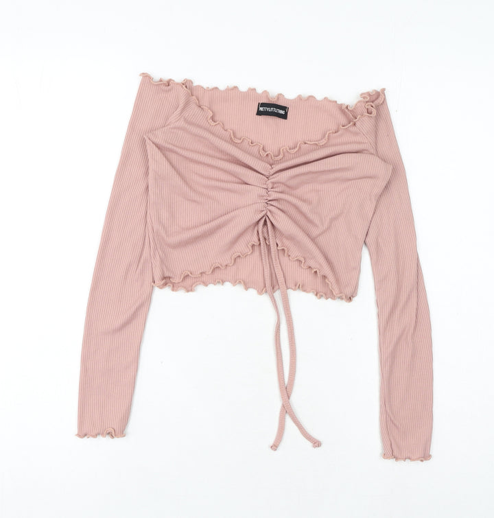 PRETTYLITTLETHING Womens Pink Polyester Cropped T-Shirt Size 6 Off the Shoulder - Ruched Front