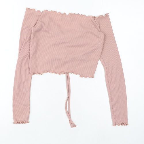 PRETTYLITTLETHING Womens Pink Polyester Cropped T-Shirt Size 6 Off the Shoulder - Ruched Front