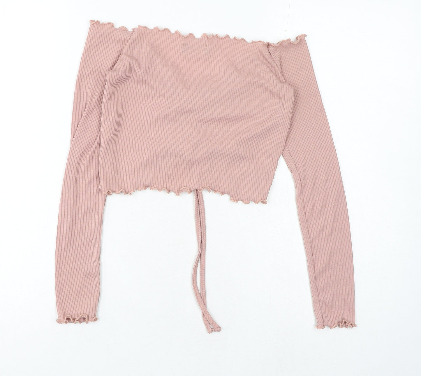 PRETTYLITTLETHING Womens Pink Polyester Cropped T-Shirt Size 6 Off the Shoulder - Ruched Front