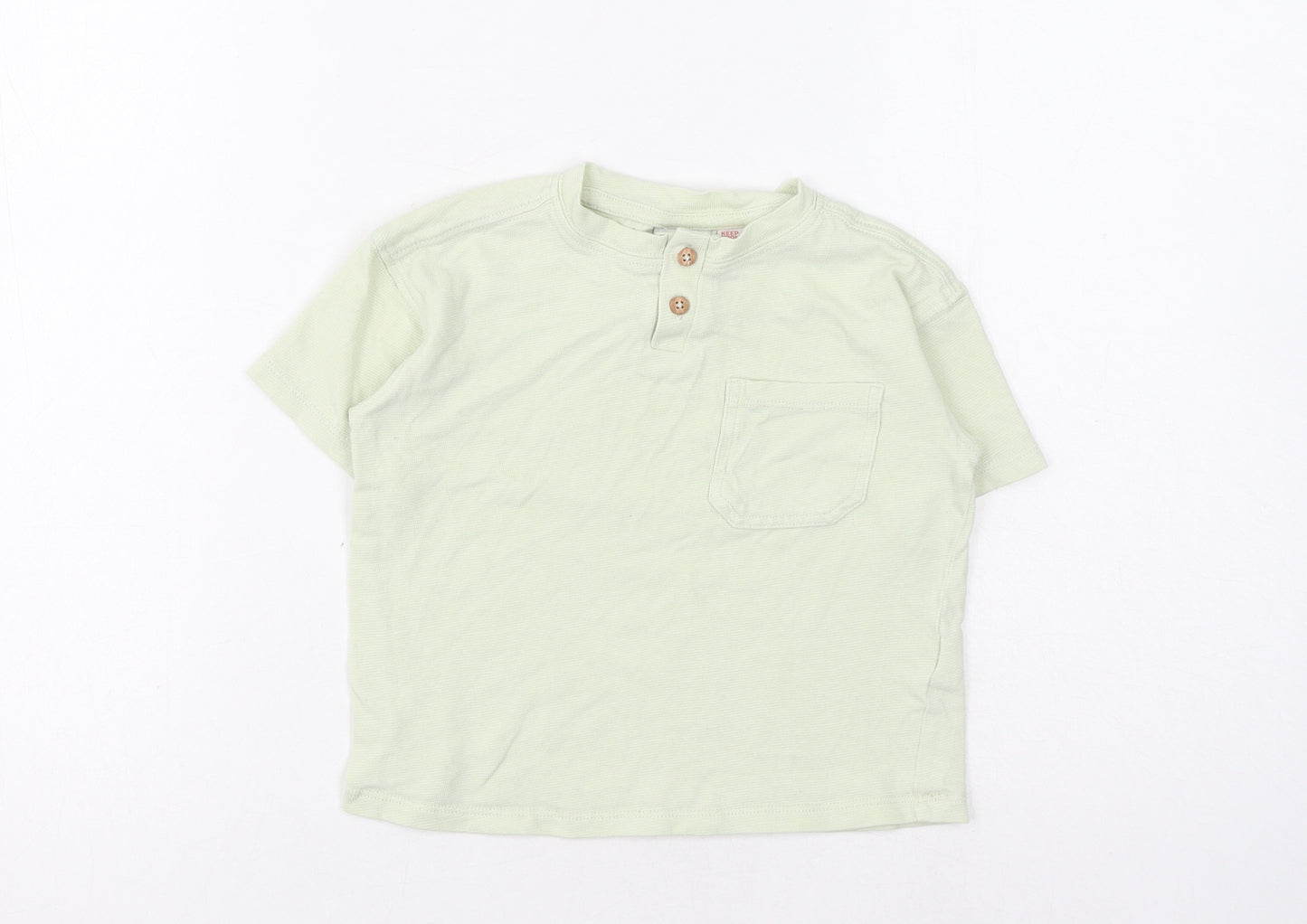 Zara Boys Green Striped Cotton Basic T-Shirt Size 3-4 Years Henley Button