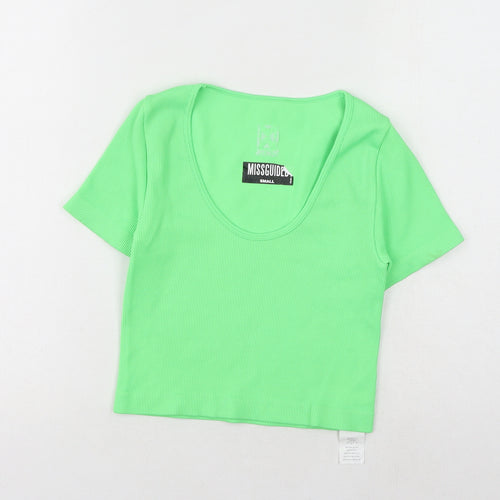 Missguided Womens Green Polyamide Cropped T-Shirt Size S Scoop Neck - Ribbed