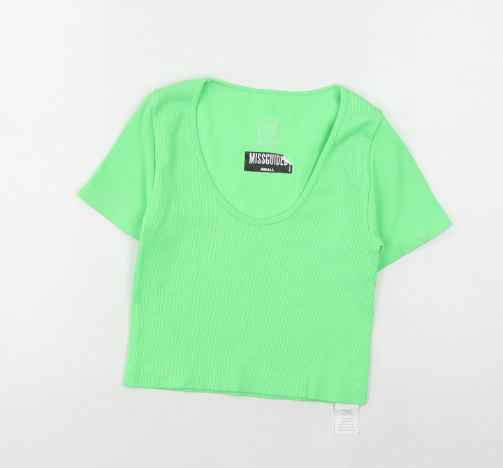 Missguided Womens Green Polyamide Cropped T-Shirt Size S Scoop Neck - Ribbed