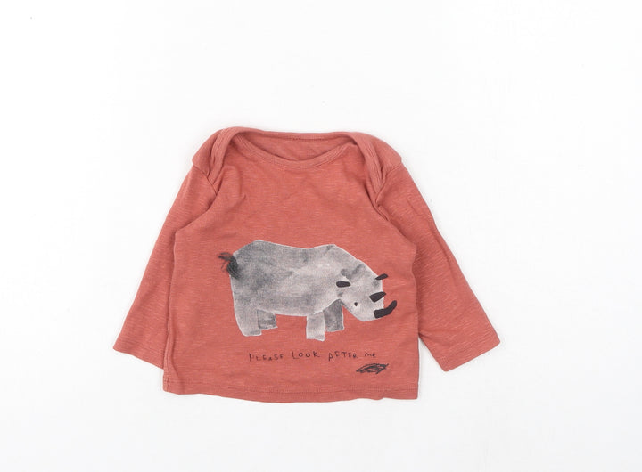 Marks and Spencer Baby Red Cotton Basic T-Shirt Size 3-6 Months Round Neck Pullover - Rhino, Please Look After Me