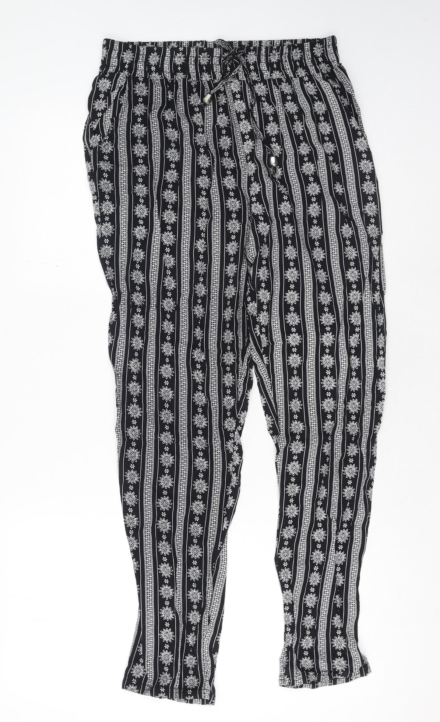 Preworn Womens Black Geometric Cotton Trousers Size S Regular Drawstring
