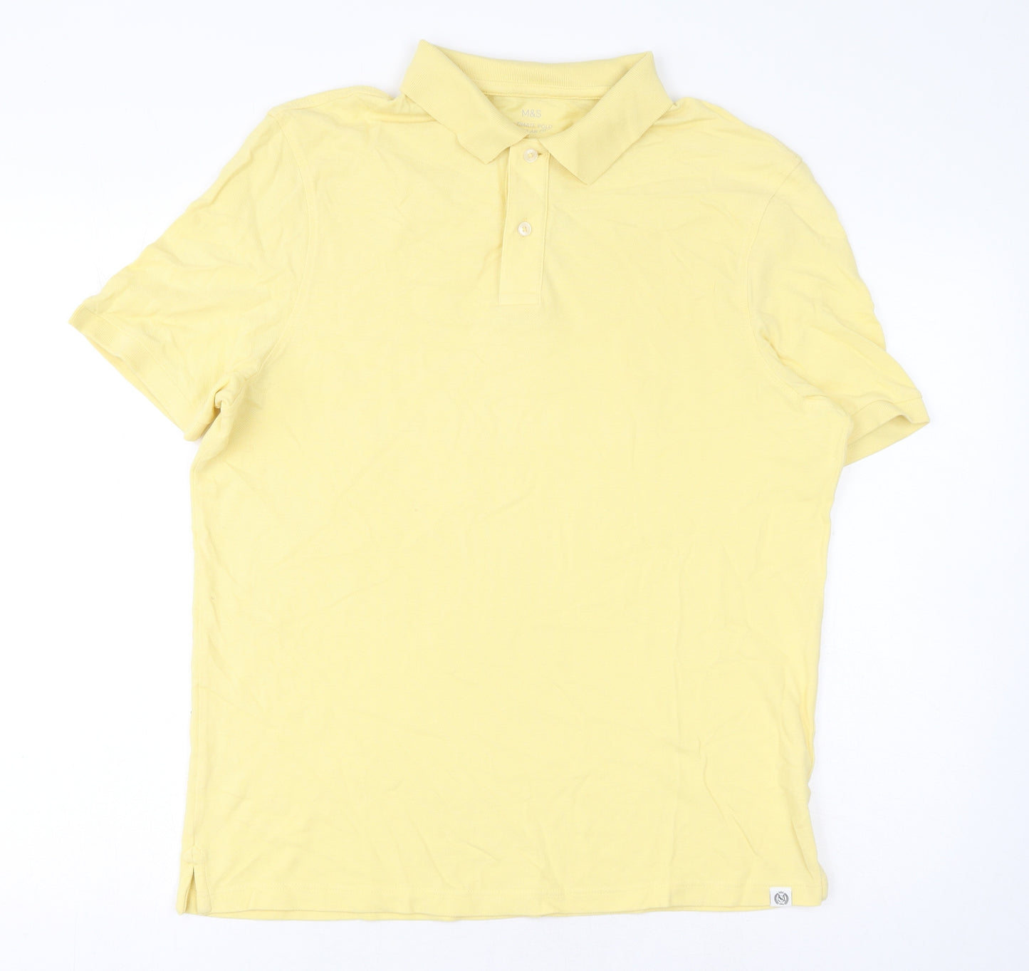 Marks and Spencer Mens Yellow Cotton Polo Size L Collared Button