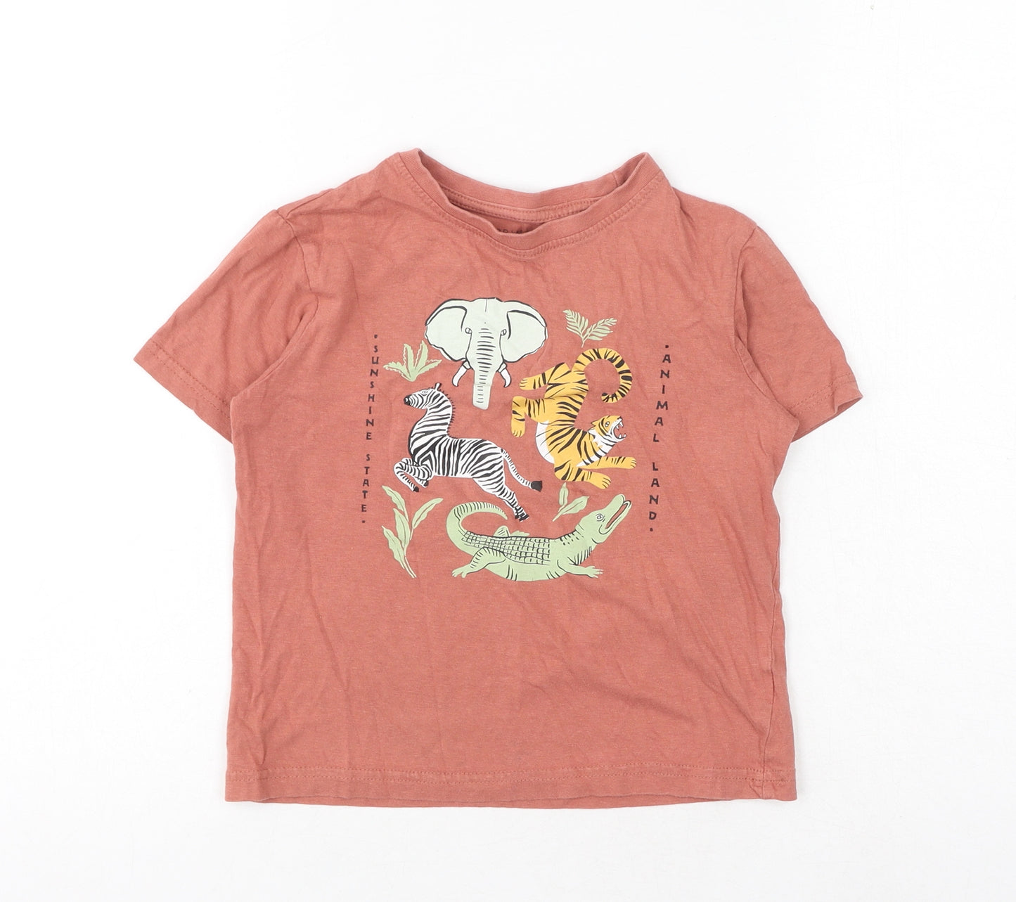 Primark Boys Orange Cotton Basic T-Shirt Size 6-7 Years Round Neck Pullover - Safari Animals