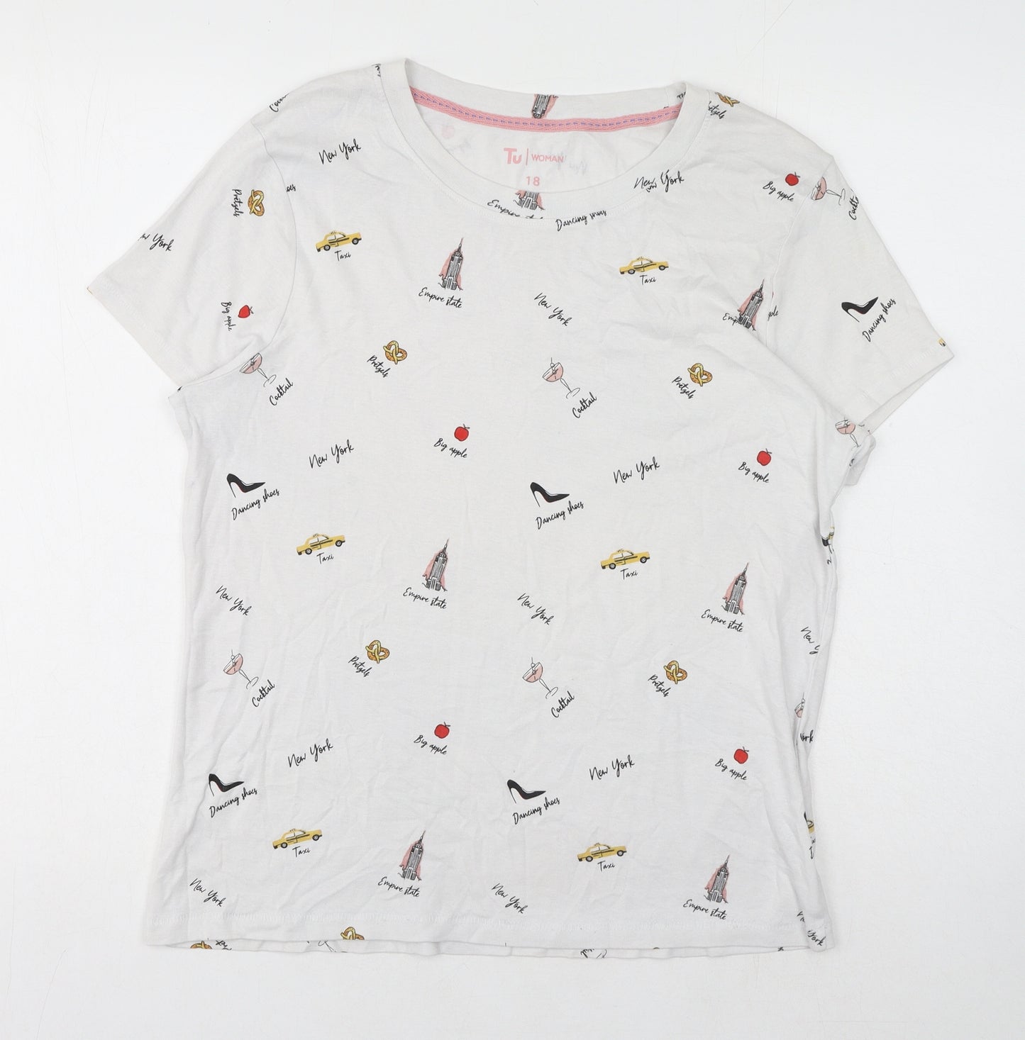 TU Womens White Geometric Cotton Basic T-Shirt Size 18 Round Neck - New York
