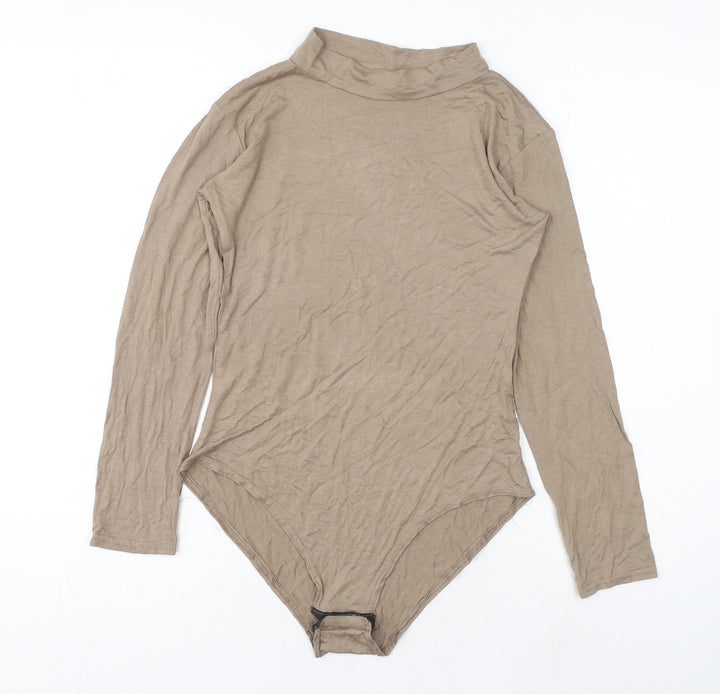 Trendy Womens Beige Viscose Bodysuit One-Piece Size S Snap