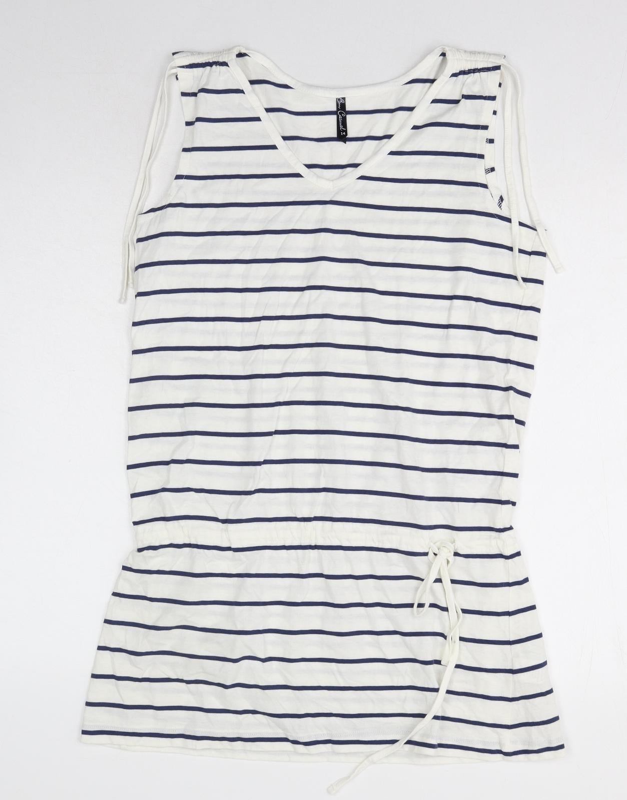 Bonmarche Womens White Striped Cotton Basic Tank Size 14 V-Neck