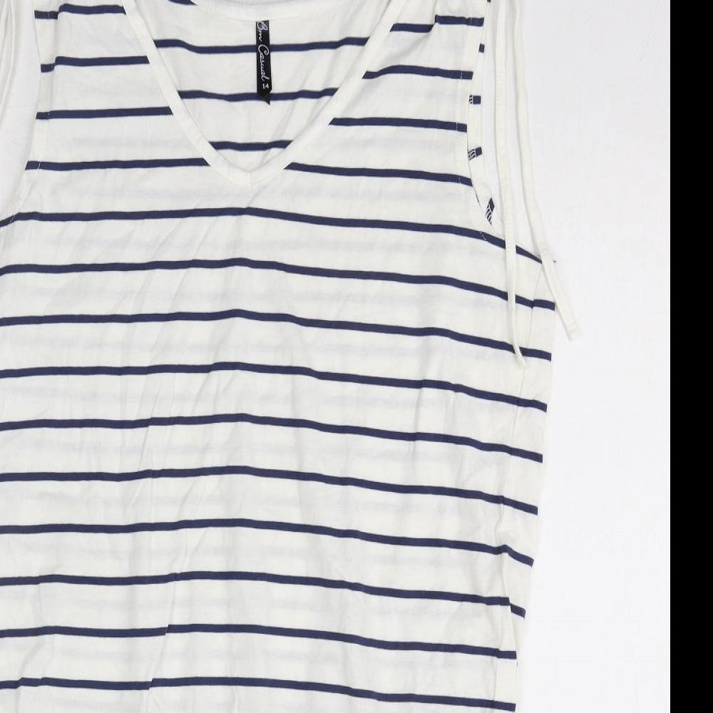 Bonmarche Womens White Striped Cotton Basic Tank Size 14 V-Neck
