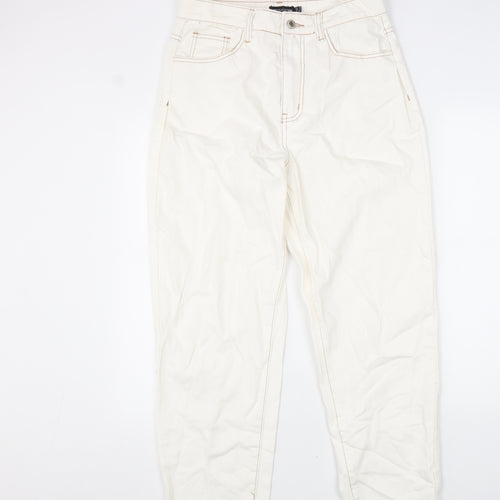 PRETTYLITTLETHING Womens White Cotton Straight Jeans Size 12 L31 in Regular Zip - Distressed Hems