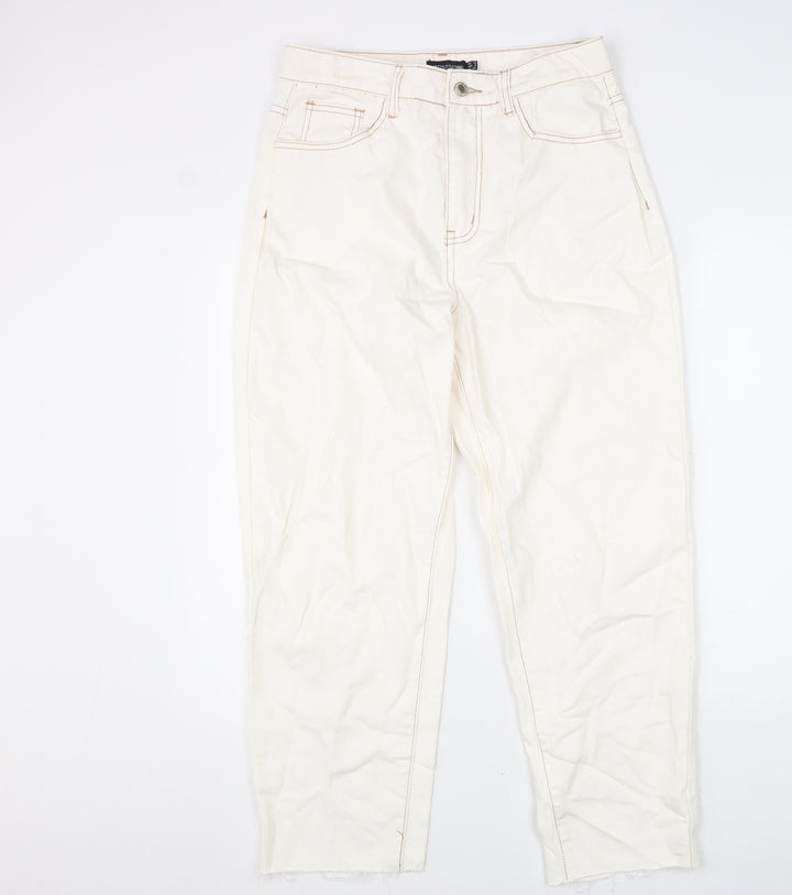 PRETTYLITTLETHING Womens White Cotton Straight Jeans Size 12 L31 in Regular Zip - Distressed Hems
