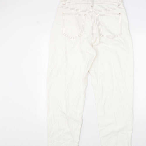 PRETTYLITTLETHING Womens White Cotton Straight Jeans Size 12 L31 in Regular Zip - Distressed Hems