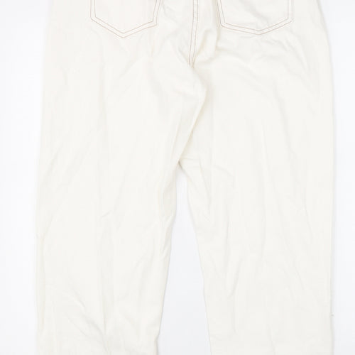 PRETTYLITTLETHING Womens White Cotton Straight Jeans Size 12 L31 in Regular Zip - Distressed Hems