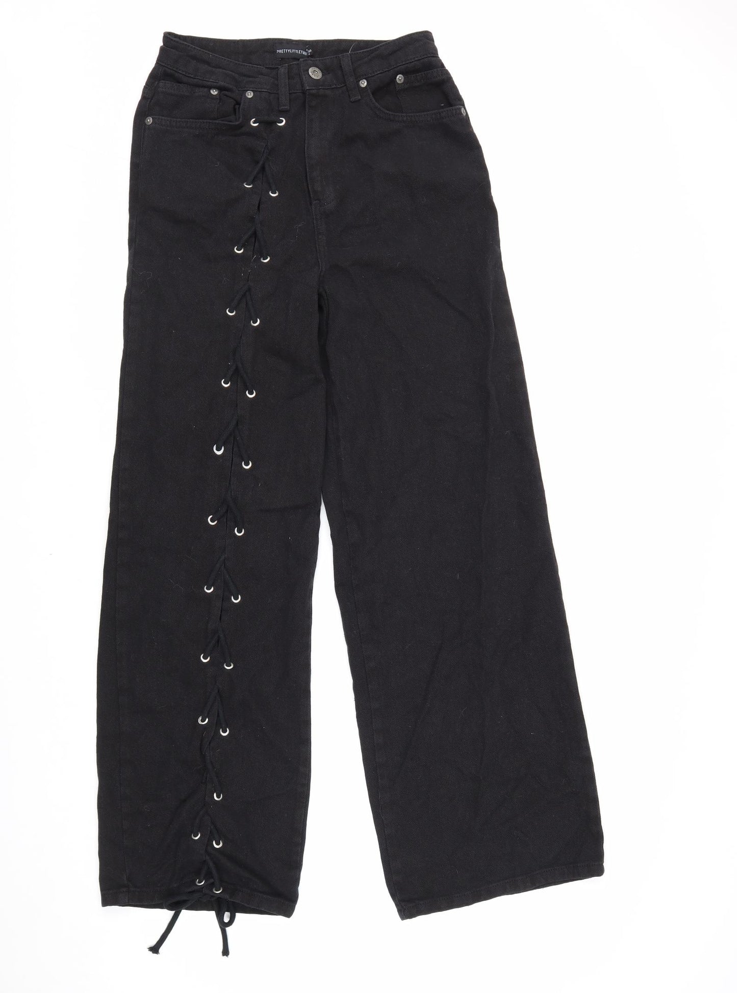 PRETTYLITTLETHING Womens Black Cotton Wide-Leg Jeans Size 8 L30 in Regular Zip - Lace Up Detail