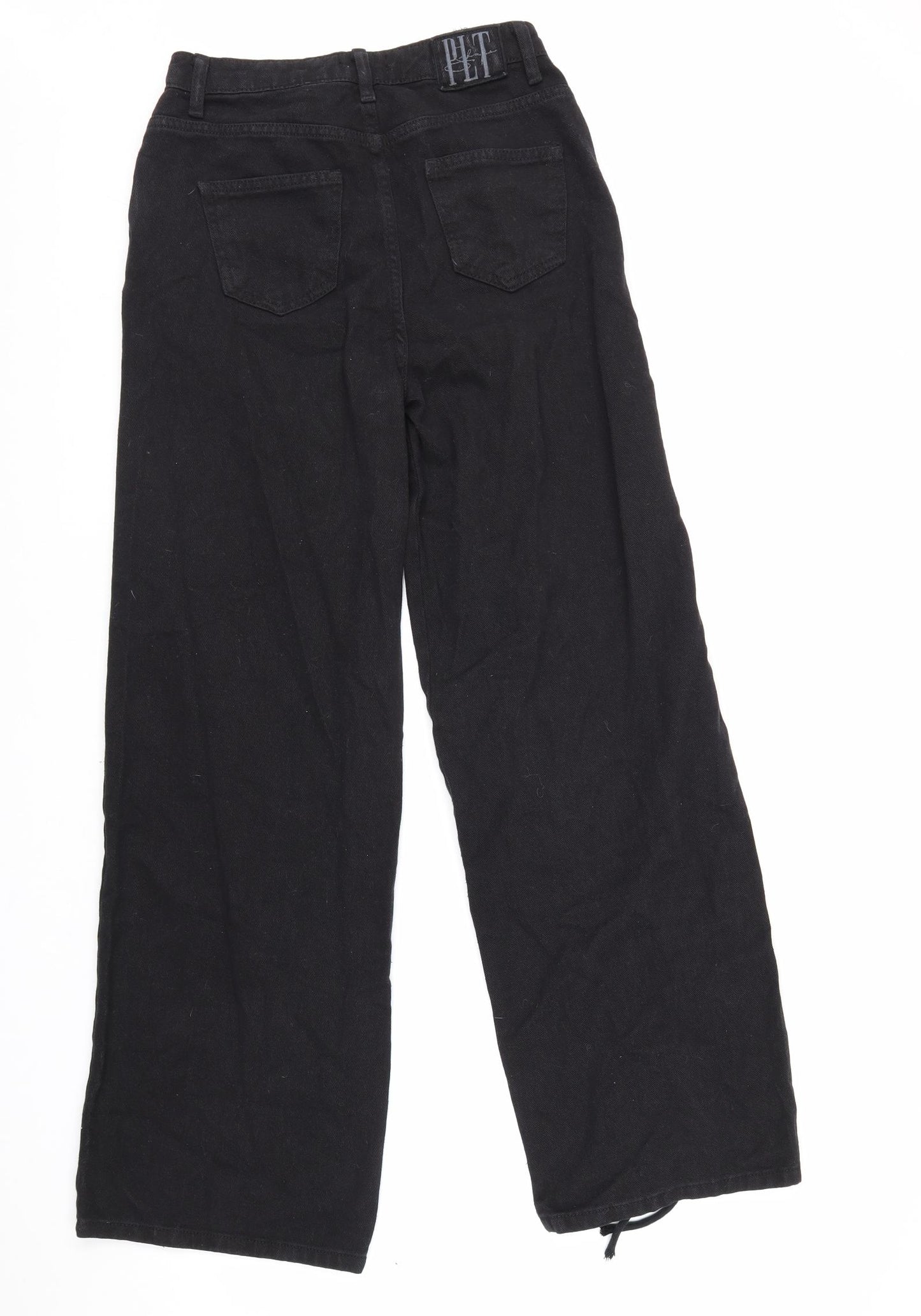 PRETTYLITTLETHING Womens Black Cotton Wide-Leg Jeans Size 8 L30 in Regular Zip - Lace Up Detail