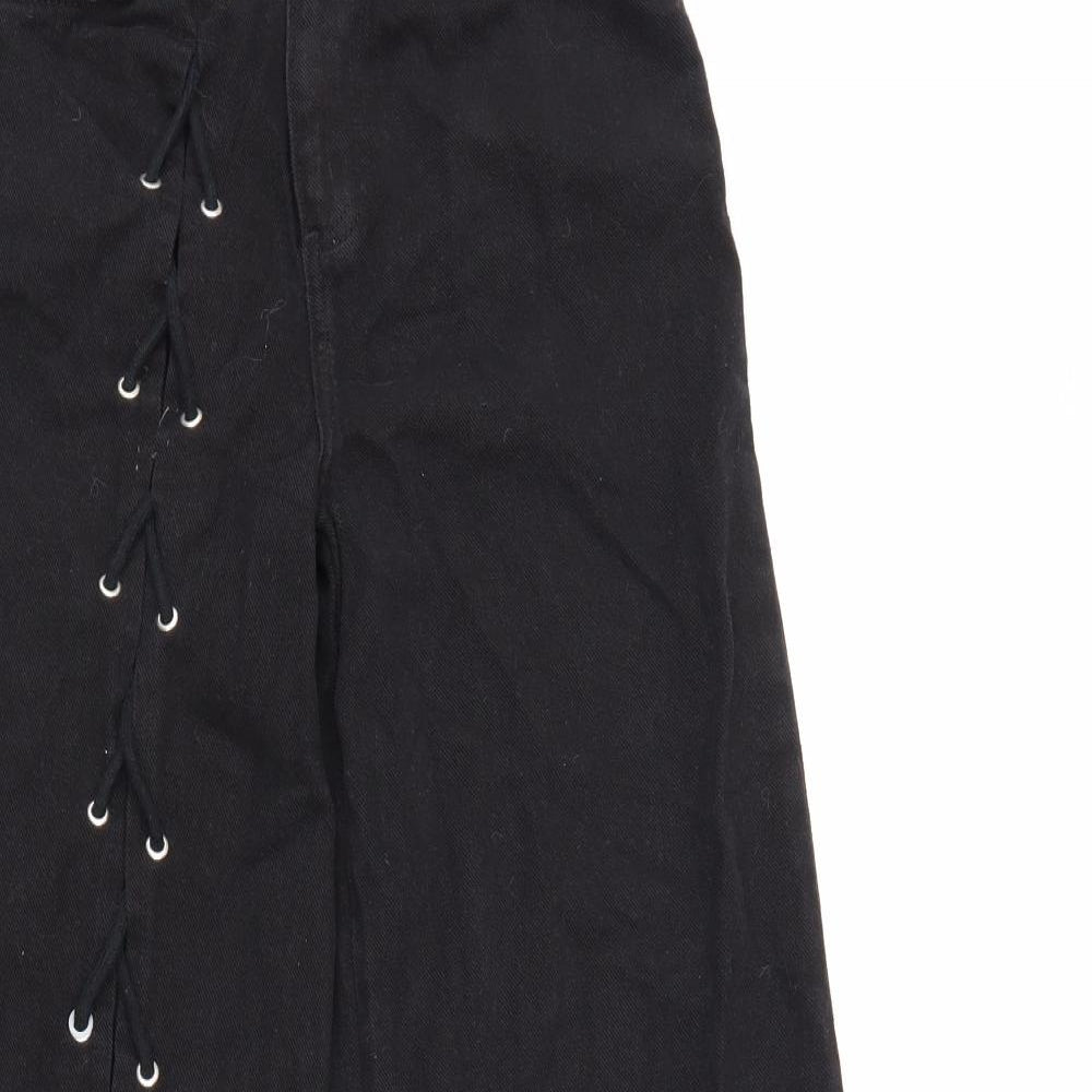 PRETTYLITTLETHING Womens Black Cotton Wide-Leg Jeans Size 8 L30 in Regular Zip - Lace Up Detail